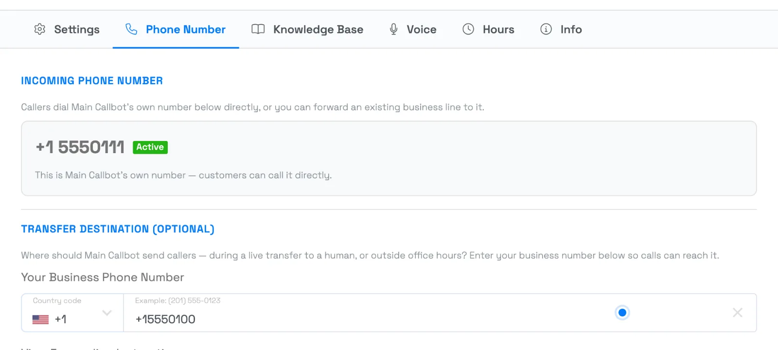 The Phone Number tab of the Configure CallBot panel, with the Transfer Destination section and the Your Business Phone Number field highlighted