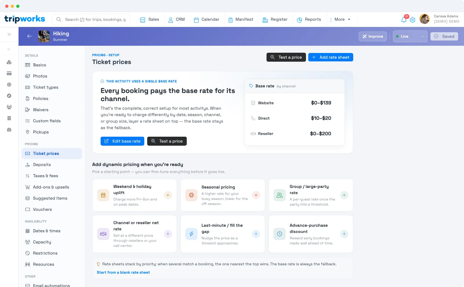The Ticket prices tab in TripWorks showing a single base rate by channel — Website, Direct, and Reseller — with options to add dynamic pricing