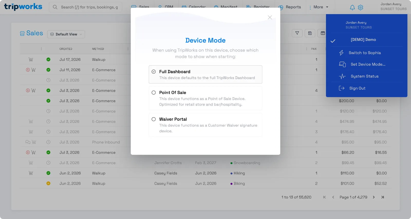 The Device Mode dialog in TripWorks, showing Full Dashboard, Point of Sale, and Waiver Portal as the three options