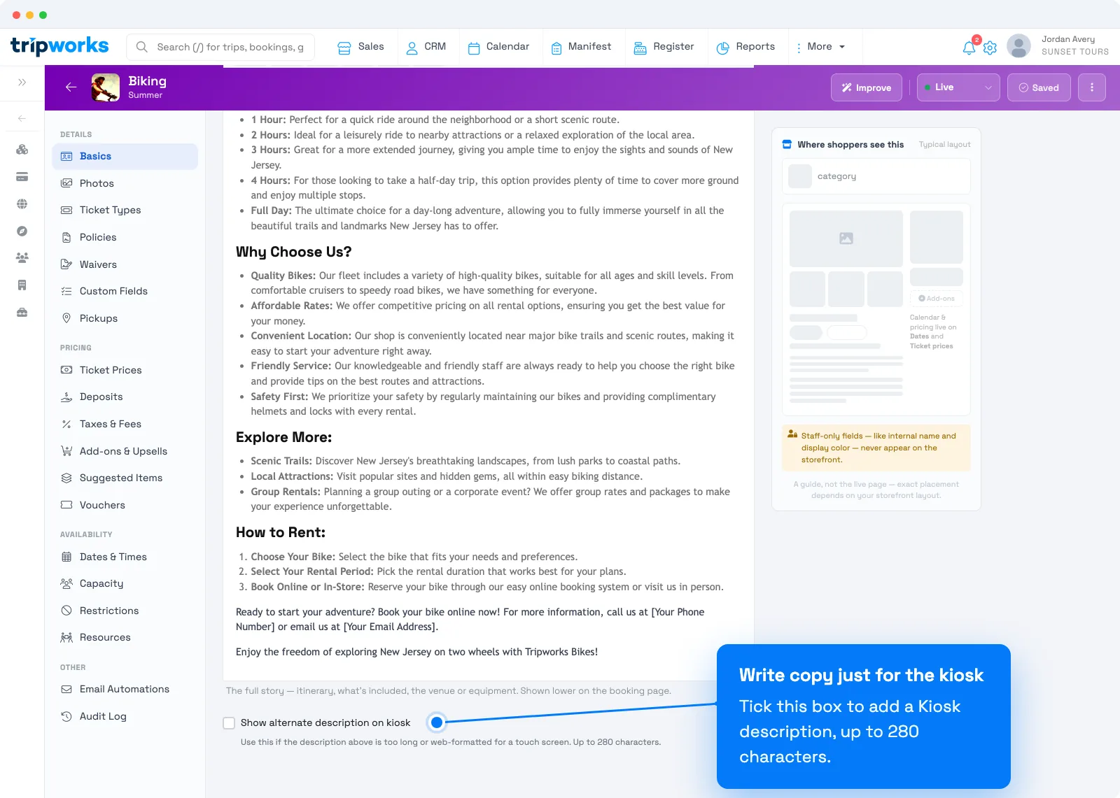 TripWorks activity Description tab with the Show alternate description on kiosk checkbox