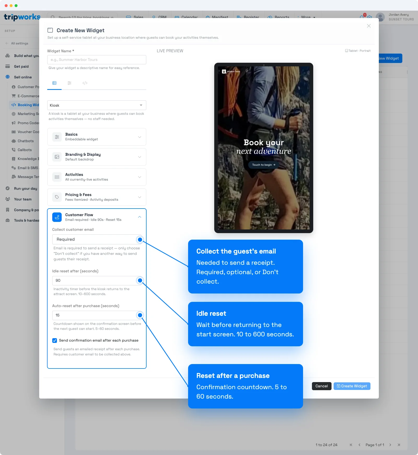 TripWorks kiosk widget Customer Flow settings for guest email, idle reset, auto-reset after purchase, and the confirmation email