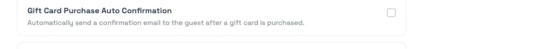 The Gift Card Purchase Auto Confirmation toggle on the Email & SMS Automations page