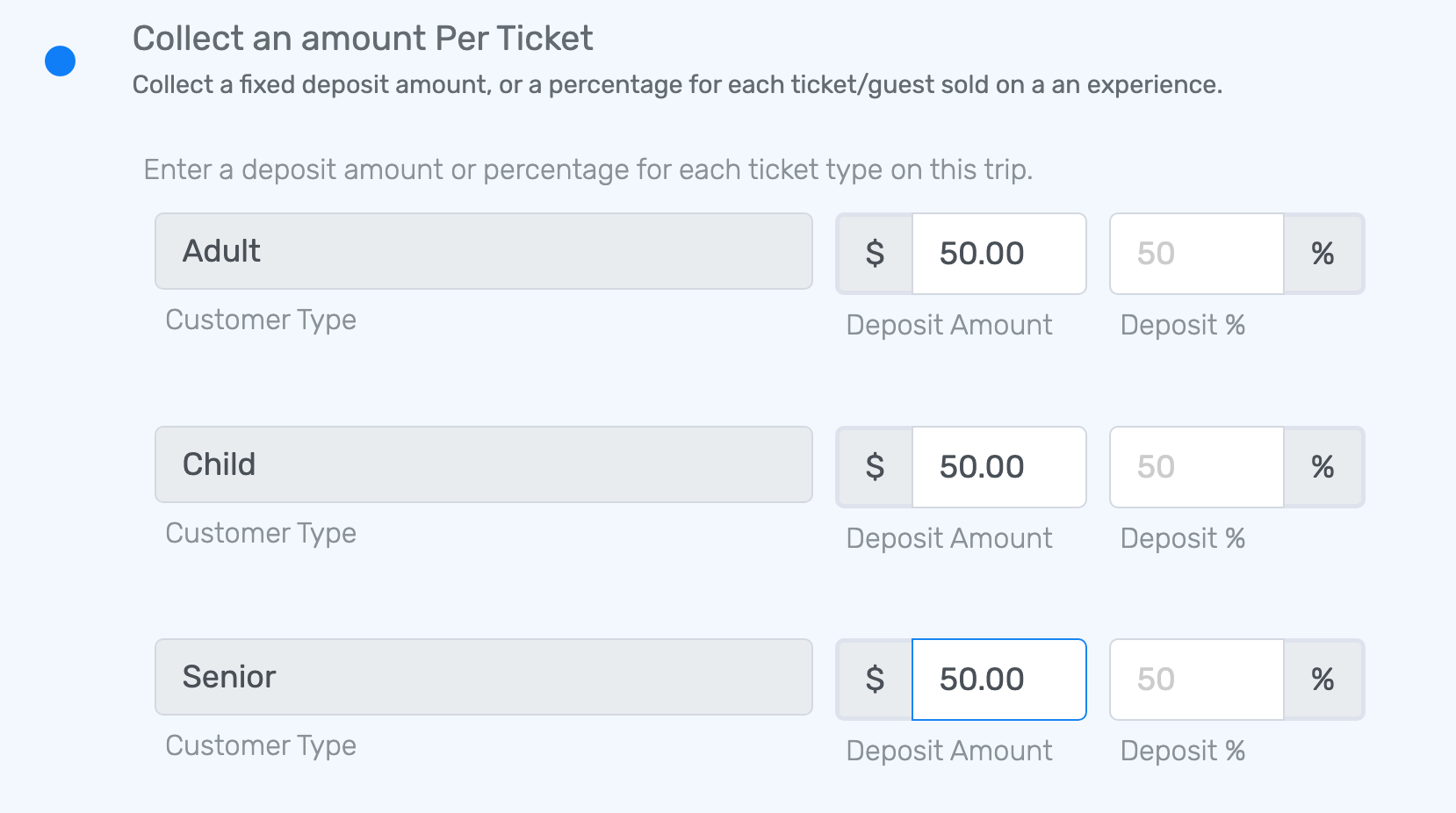 Deposit configured as amount per ticket, with fixed dollar amount and percentage options