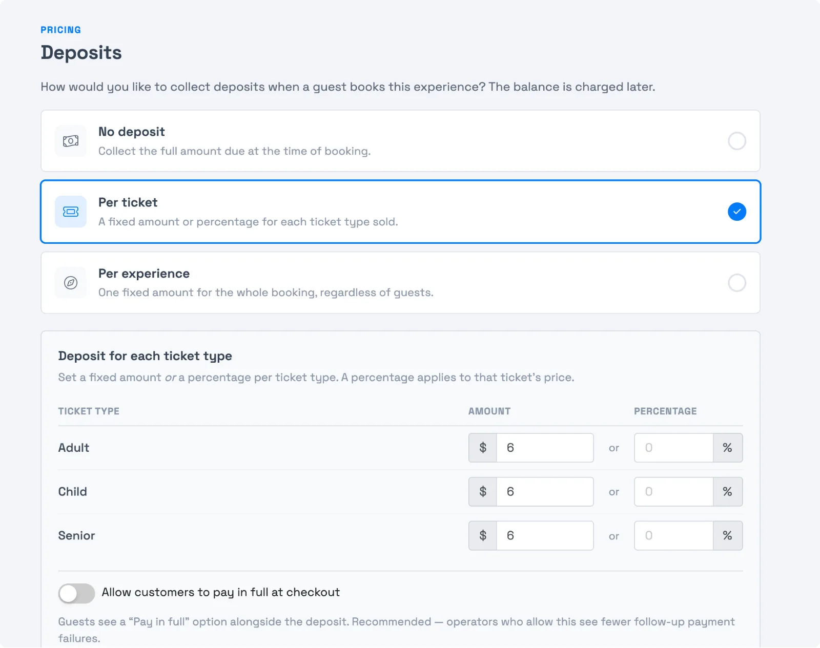 The Deposits tab with Per ticket selected, showing a fixed amount or percentage for each ticket type
