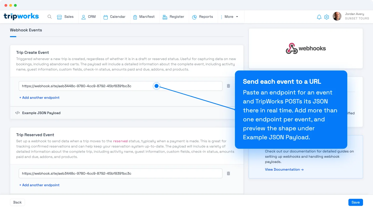 Setting up webhooks in TripWorks — the Webhook Events list with a URL field per event, Add another endpoint, and an Example JSON Payload preview