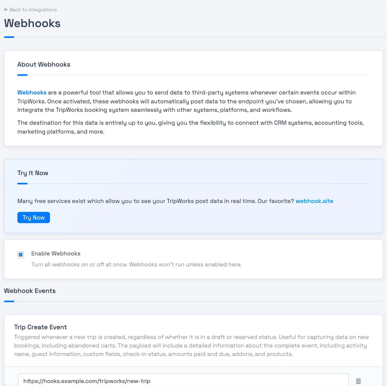 Webhook setup screen in TripWorks with the Try It Now card, the Enable Webhooks switch, and the first event with its URL