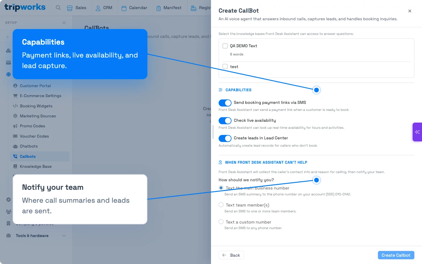 The Create CallBot panel's Capabilities section with toggles for SMS payment links, live availability, and lead creation, plus notification options