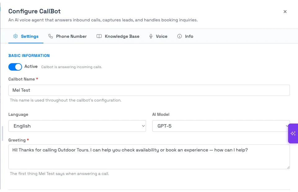 The Configure CallBot panel's Settings tab showing the Callbot Name, new Language and AI Model dropdowns, and the Greeting field, with the Phone Number, Knowledge Base, Voice, and Info tabs along the top