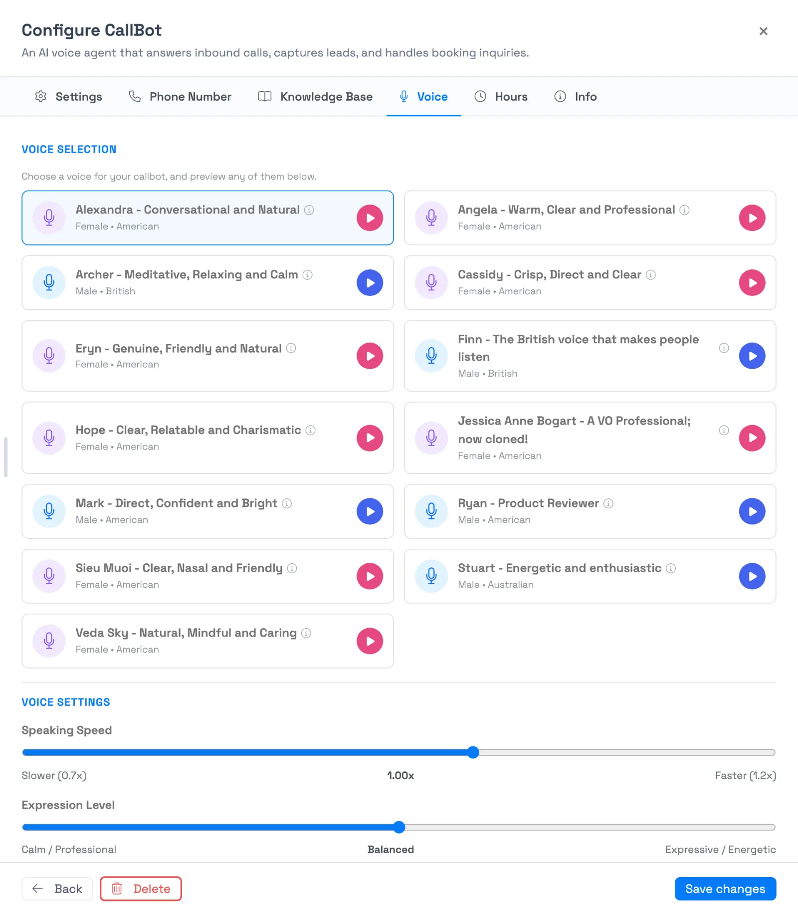The Configure CallBot panel's Voice tab. A grid of voices, each with its gender and accent and a play button, sits above two sliders: Speaking Speed from Slower to Faster, and Expression Level from Calm / Professional to Expressive / Energetic