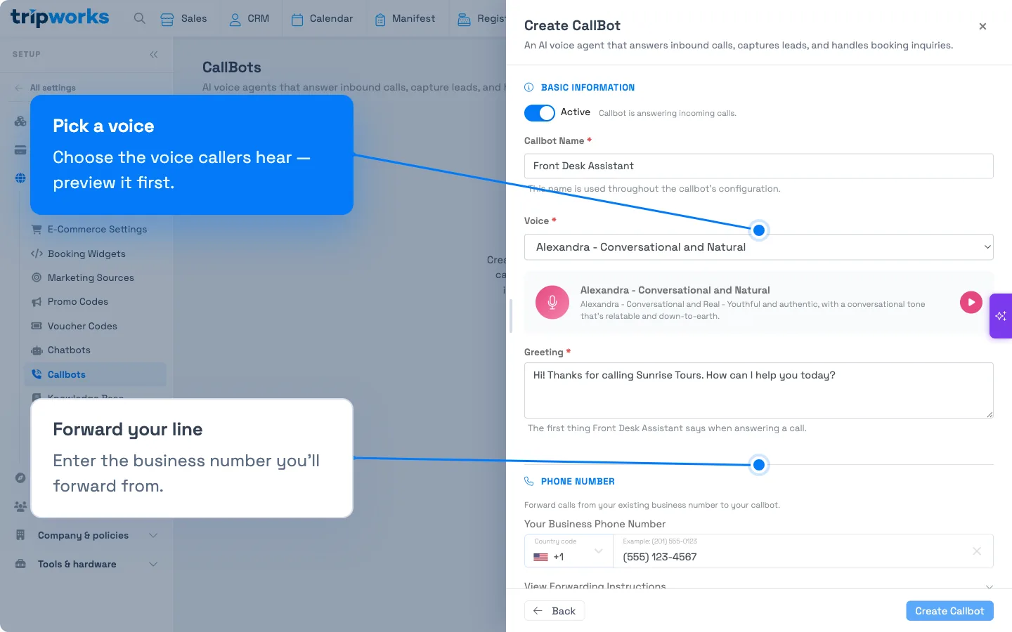 The Create CallBot panel showing Basic Information — Callbot Name, a Voice picker with preview, a Greeting, and the business phone number to forward from