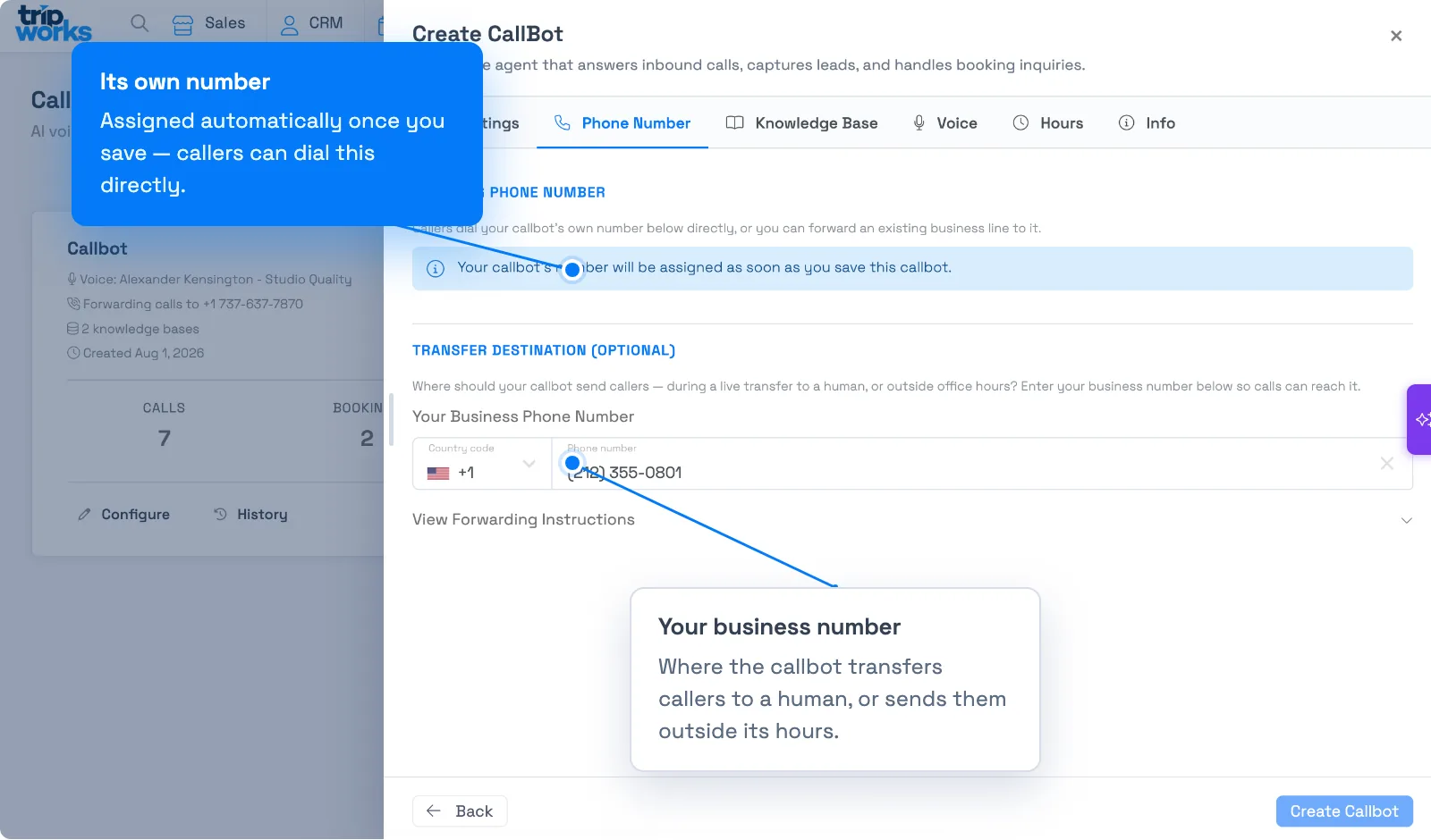 The Phone Number tab of the Create CallBot panel, showing the callbot's own incoming number and the Transfer Destination business phone number field with forwarding instructions