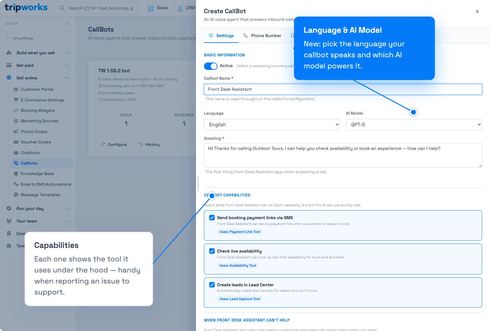 The Settings tab of the Create CallBot panel, showing the Active toggle, Callbot Name, Language, AI Model, Greeting, and Callbot Capabilities