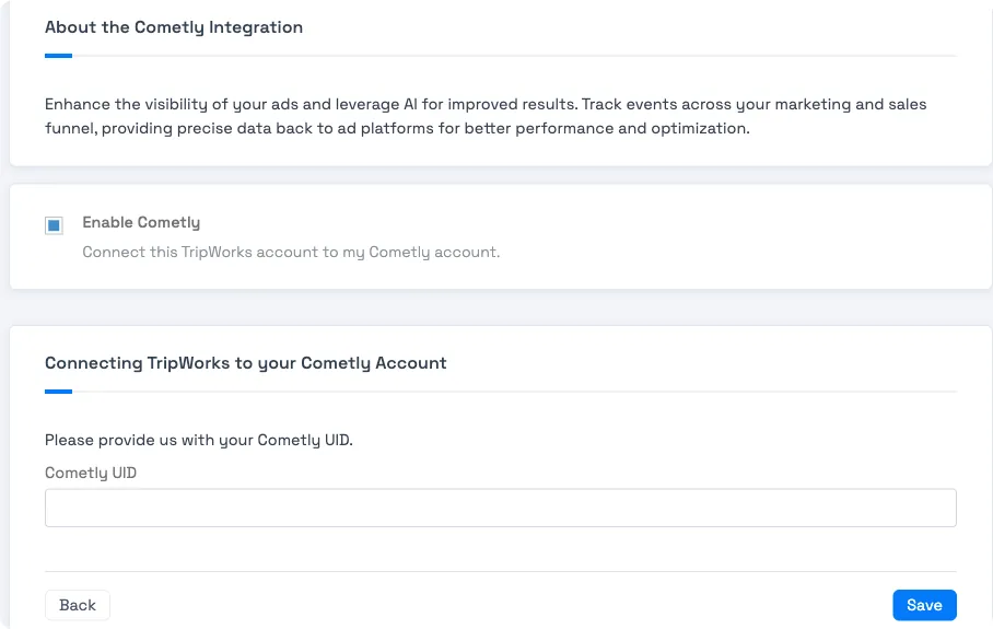 TripWorks Cometly integration screen with the Enable Cometly checkbox and a Cometly UID field