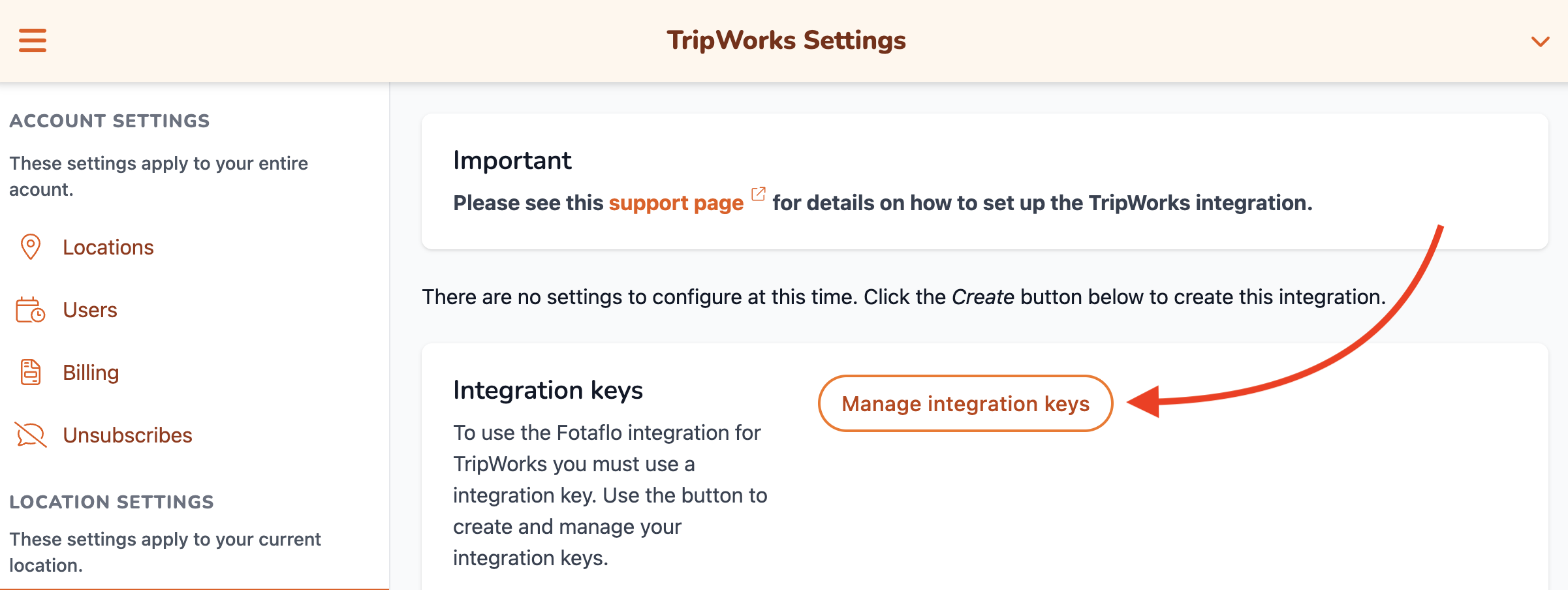 Fotaflo Manage Integration Keys screen