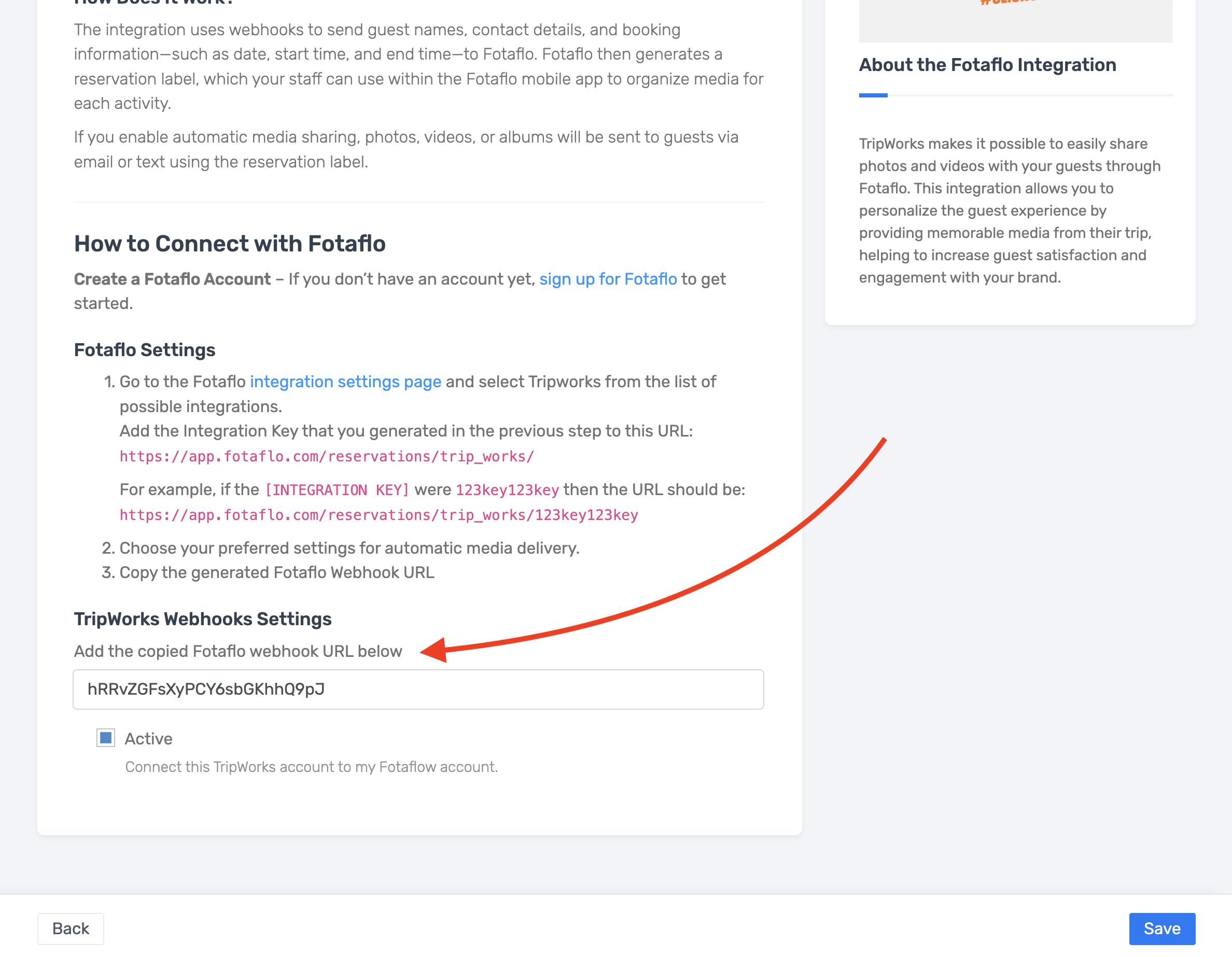TripWorks Fotaflo integration screen with the webhook URL field