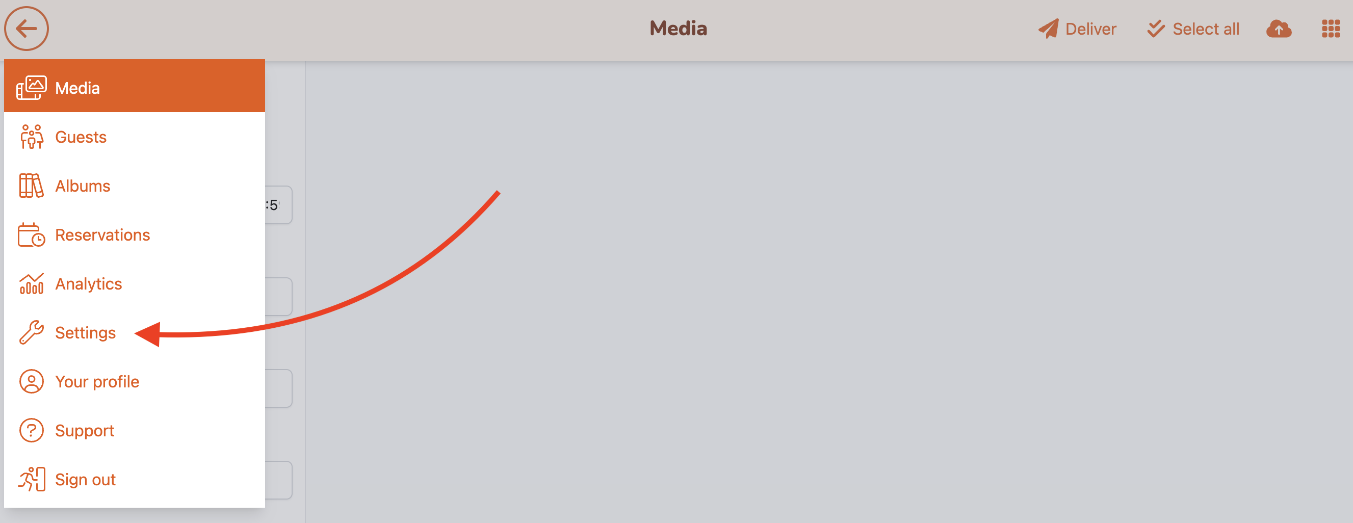 Fotaflo menu with Settings highlighted