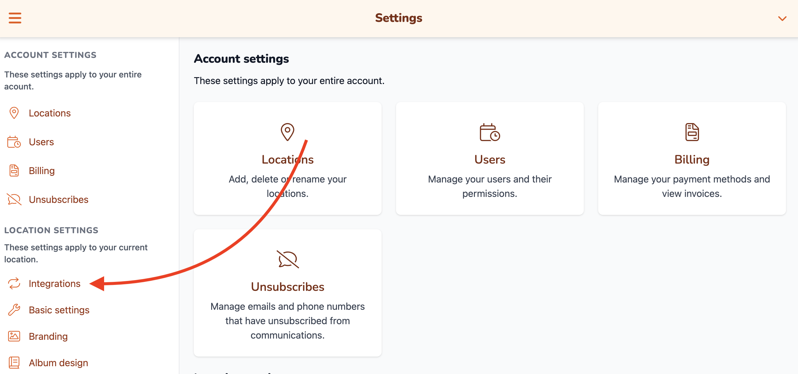 Fotaflo Settings with Integrations selected