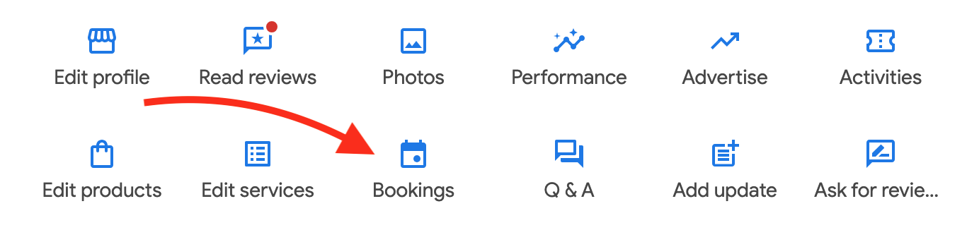 Google Business Profile Manager with the Bookings icon