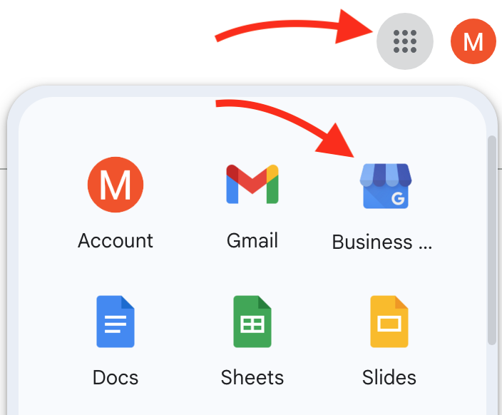 Google account menu with Business Profile Manager