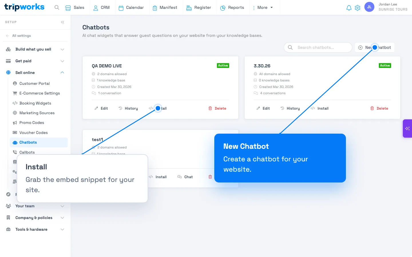The Chatbots list in Setup, each chatbot showing its status, allowed domains, knowledge base, and Edit / History / Install actions, with a New Chatbot button