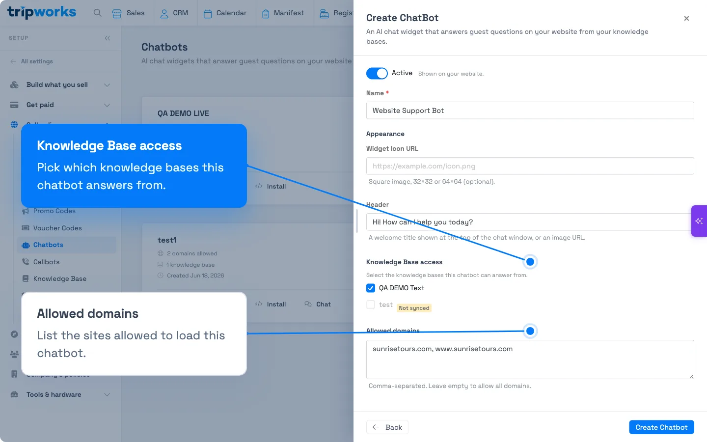 The Create ChatBot panel with Name, Appearance (Widget Icon URL and Header), Knowledge Base access checkboxes, and an Allowed domains field
