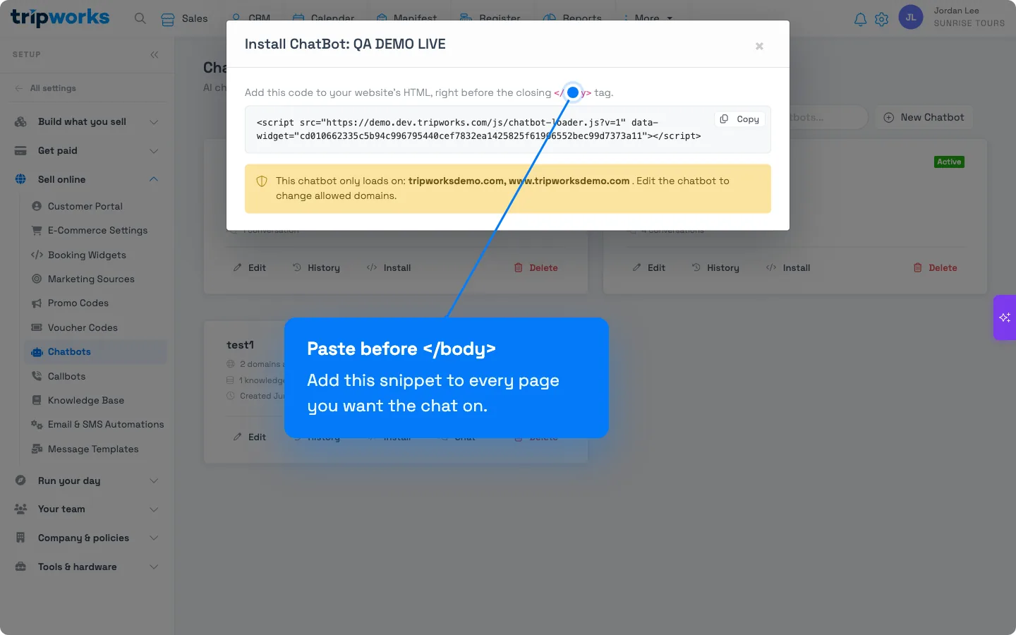 The Install ChatBot window showing a single script snippet with a Copy button and a note that the chatbot only loads on the allowed domains