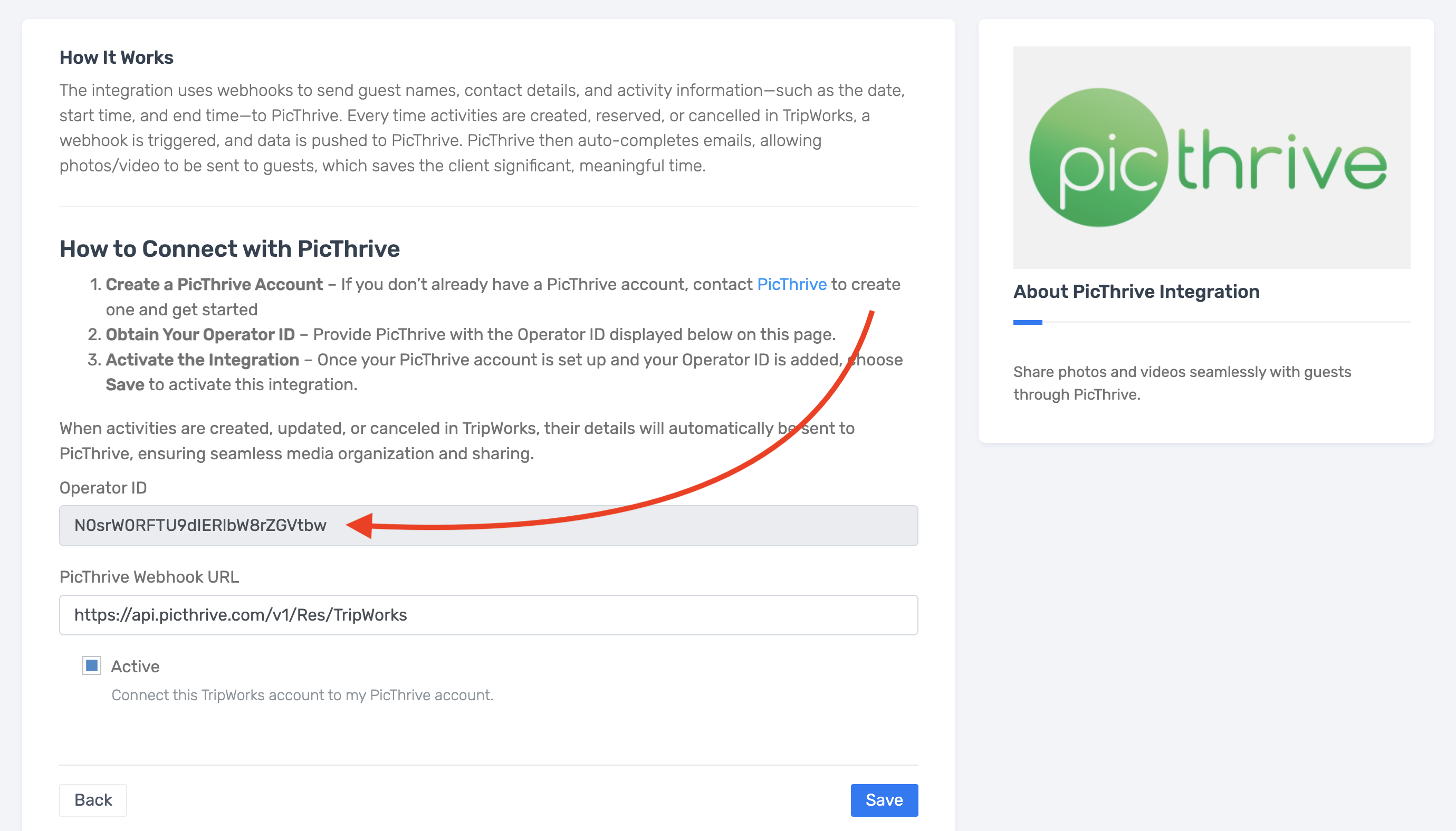 TripWorks PicThrive integration screen with the Operator ID and PicThrive Webhook URL fields