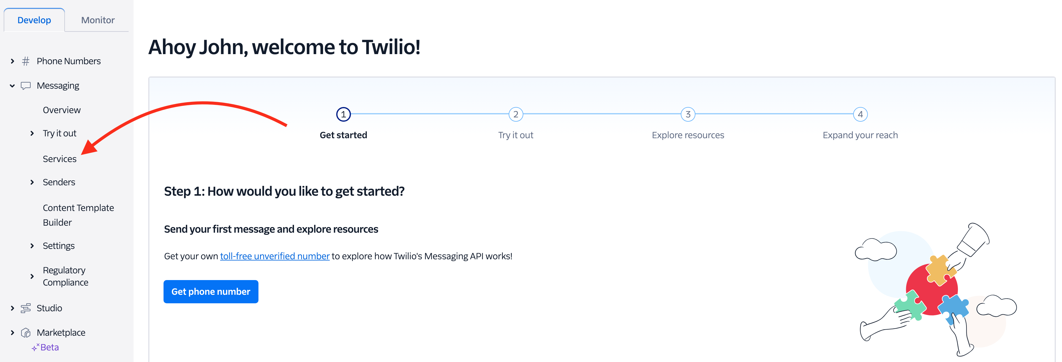 Twilio dashboard left menu with Messaging expanded to show Services