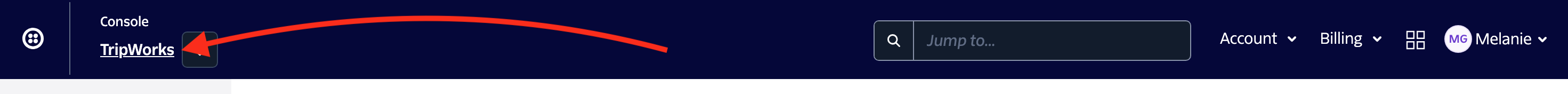 Twilio account name menu in the upper-left corner