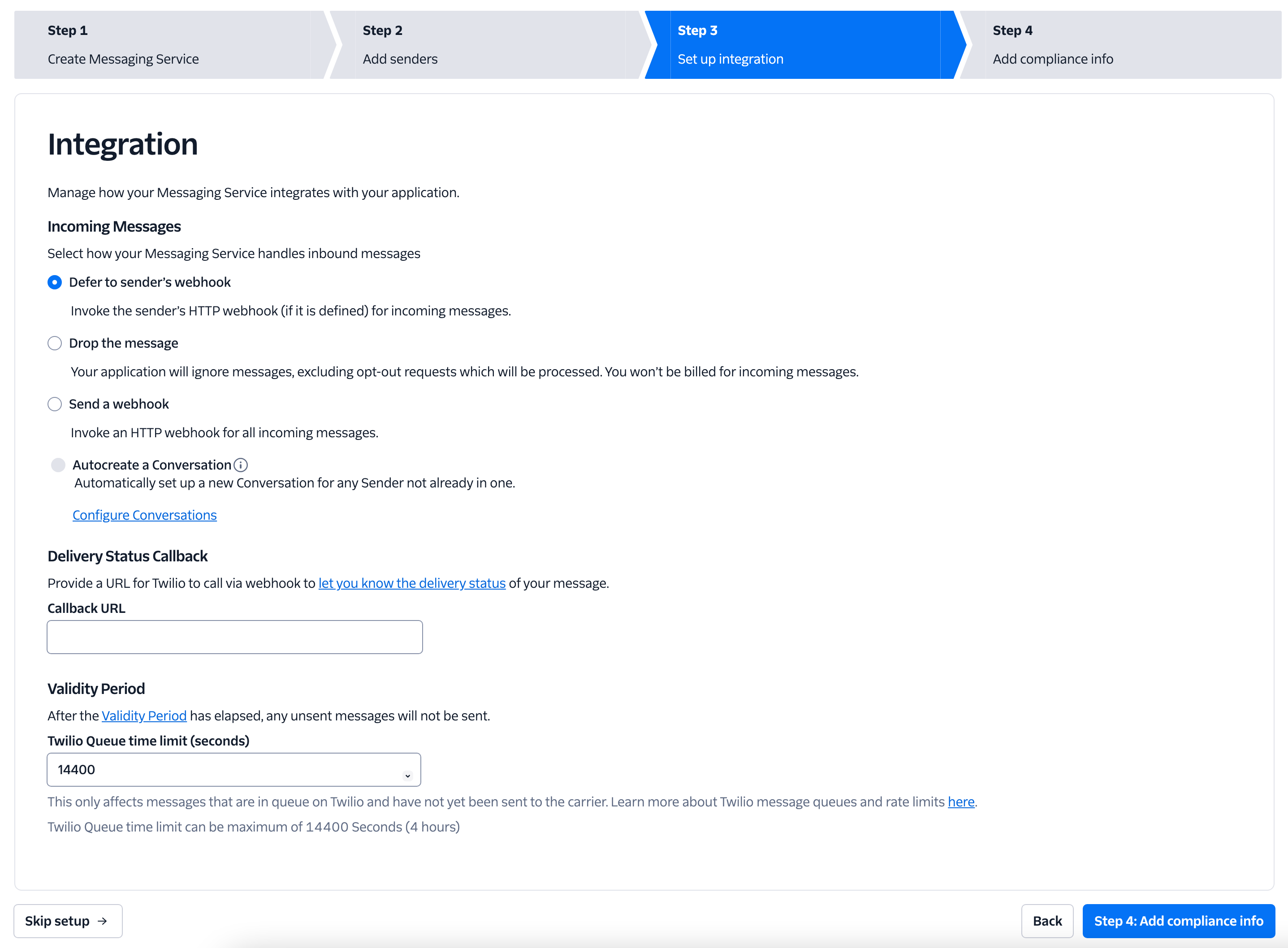 Twilio Messaging Service setup, step 3