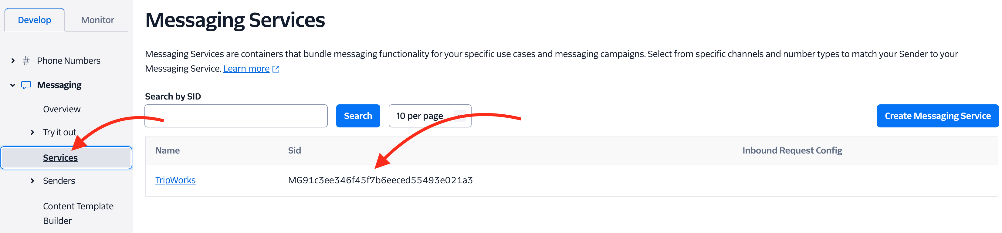 Twilio Services list showing a Messaging Service SID starting with MG