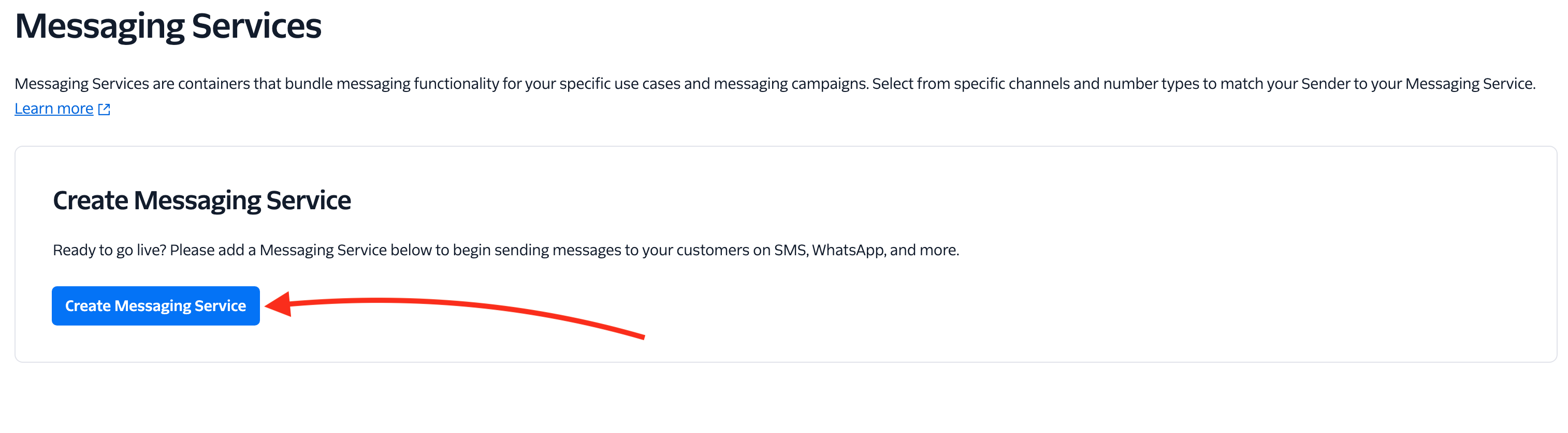 Twilio Messaging Services list with the Create Messaging Service button