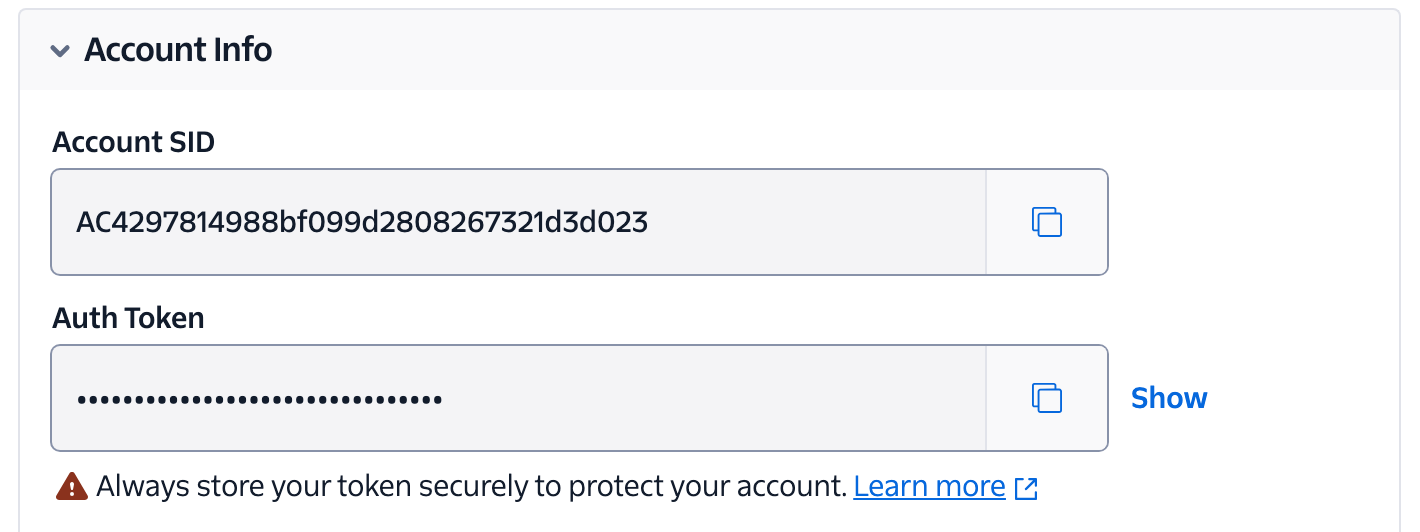 Twilio Account Info panel showing Account SID and Auth Token