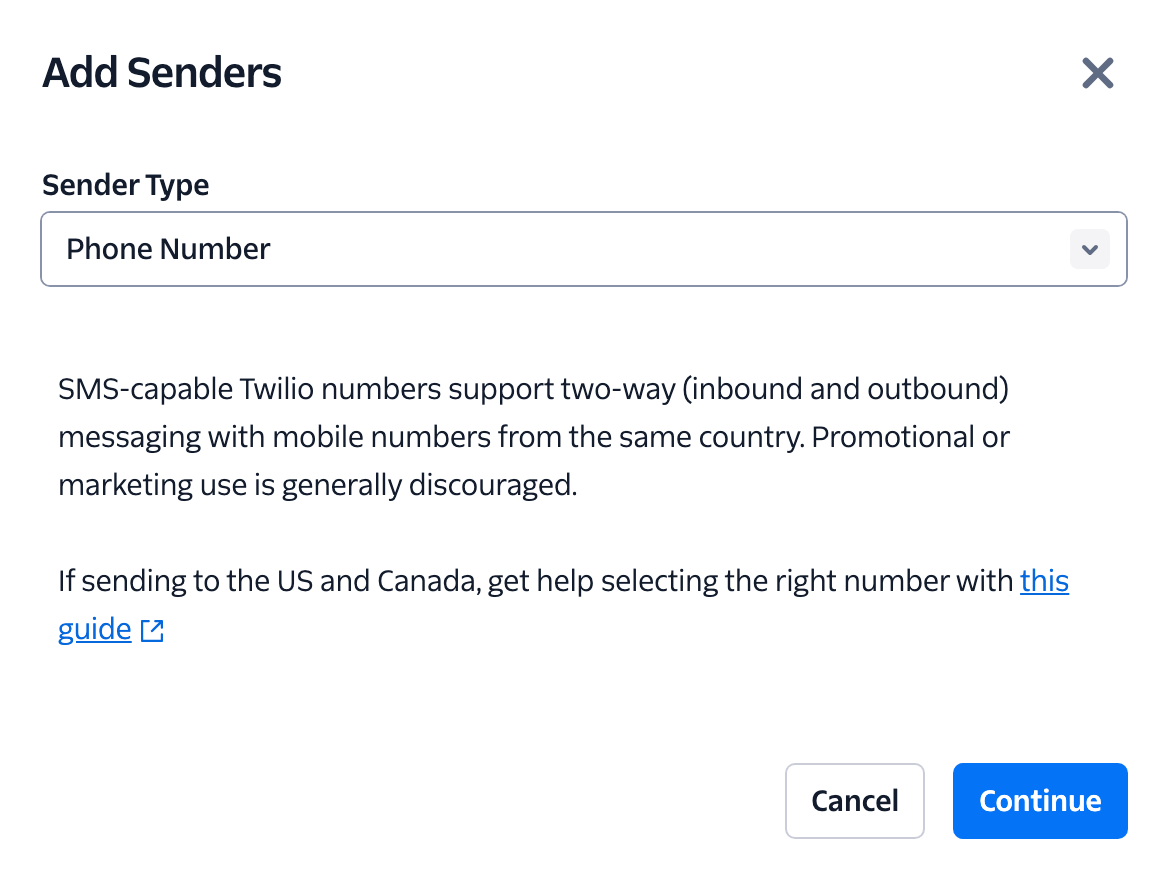 Twilio Add Senders step with Phone Number selected