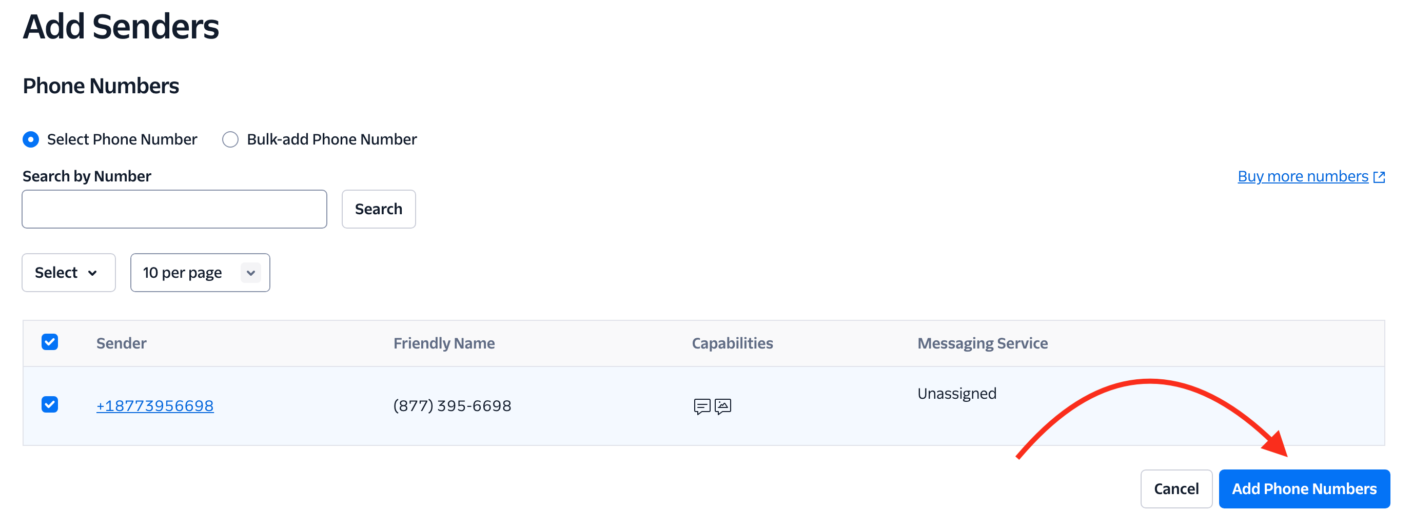 Twilio Add phone numbers screen