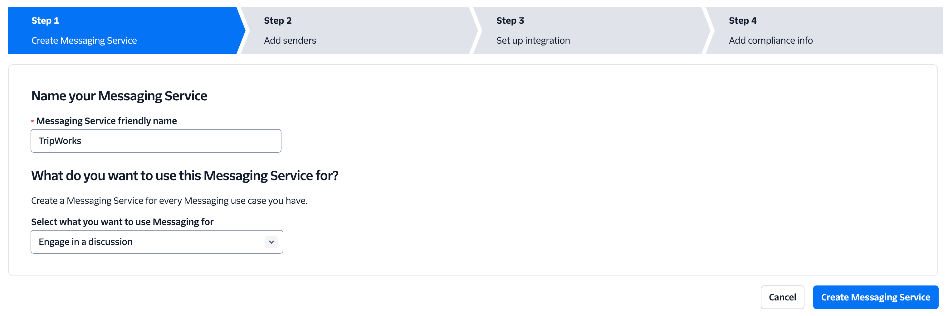 Twilio Create Messaging Service form with name and use case fields