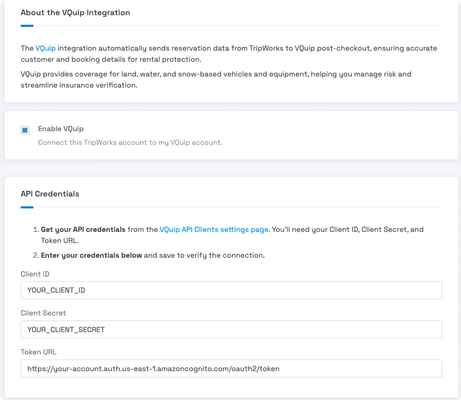 TripWorks VQuip integration screen with Client ID, Client Secret, and Token URL fields under API Credentials