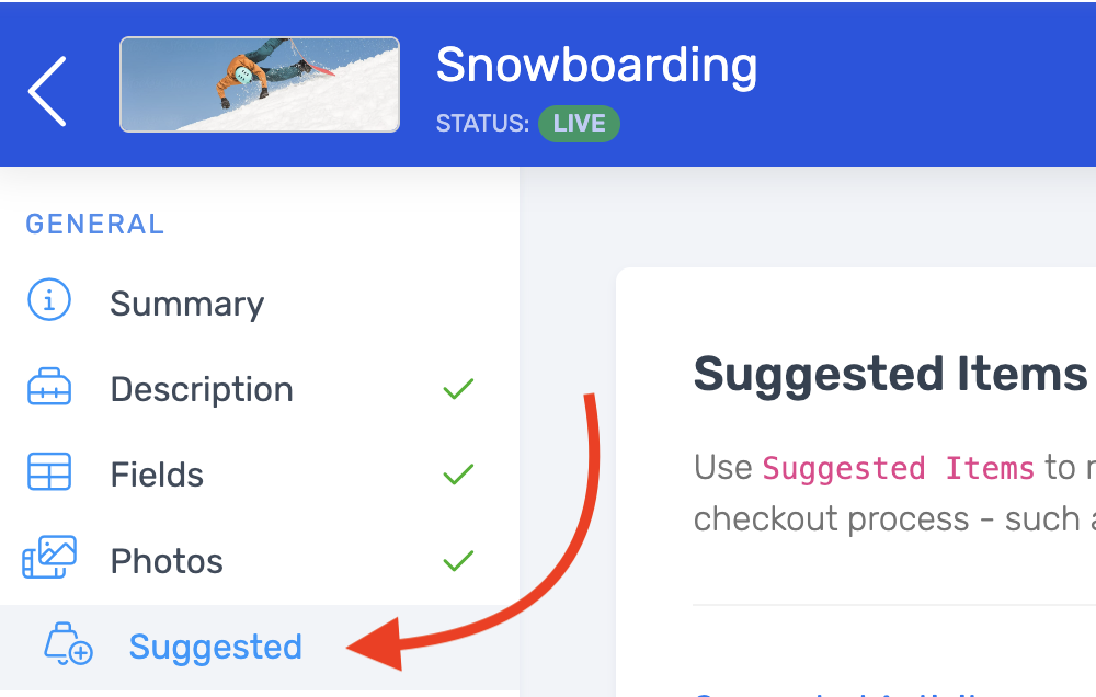 The activity editor with the Suggested tab selected, where you choose products and activities to show as suggestions at checkout