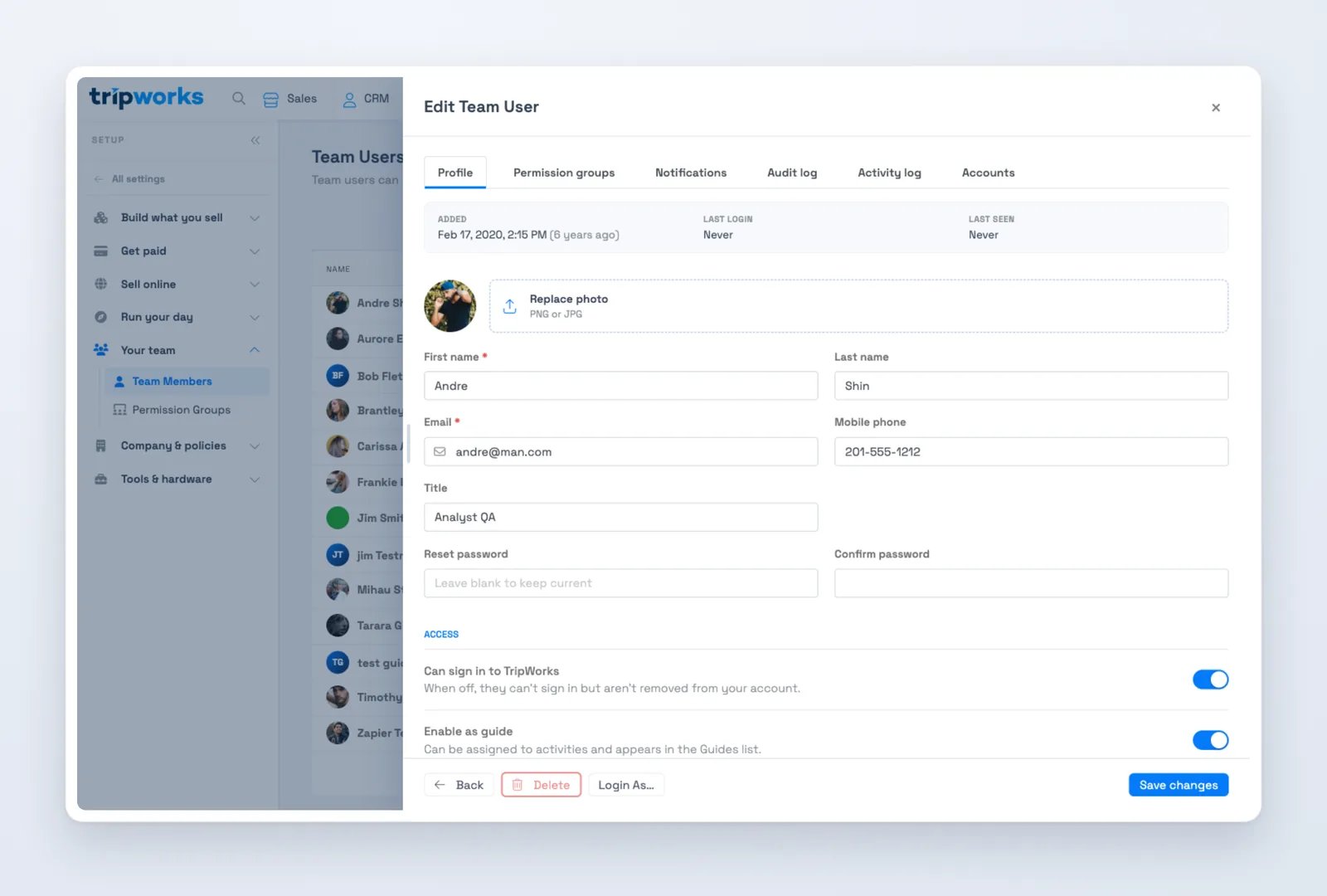 Manage a team member in TripWorks — a member's profile with sign-in, guide, tips, and notification access switches