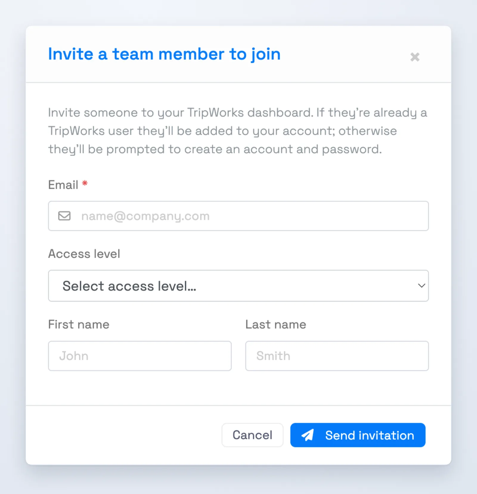 Invite a team member in TripWorks — the invitation dialog where only the email address is required