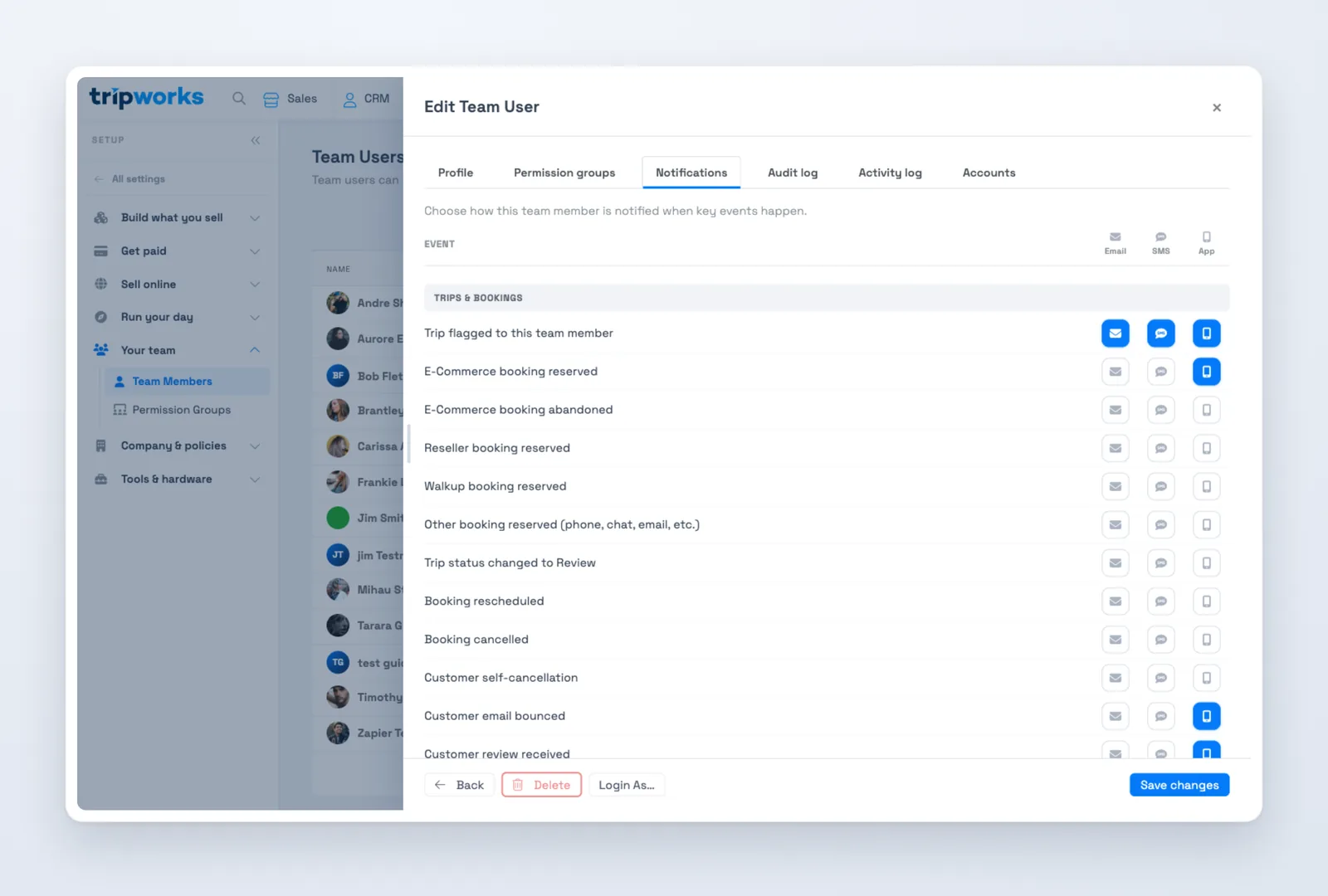 Team member notifications in TripWorks — the grid to choose Email, SMS, or App per event
