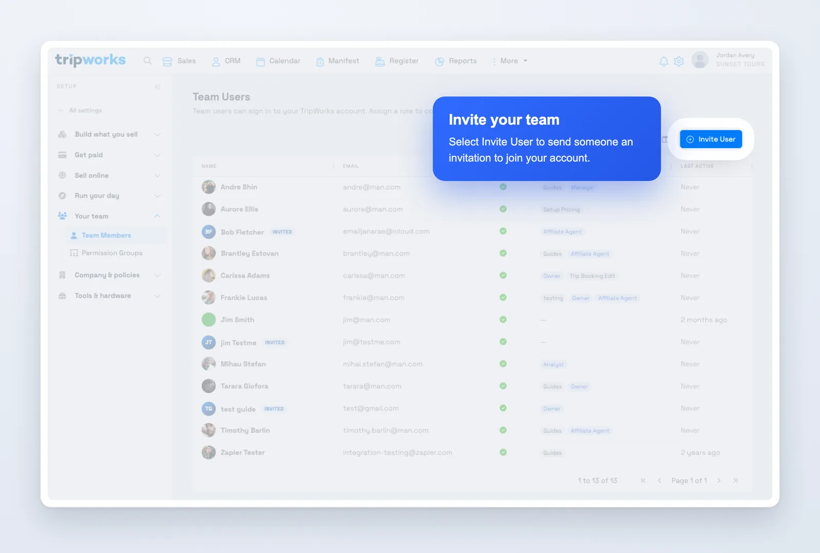 Add and manage team members in TripWorks — the Team Members list with the Invite User button