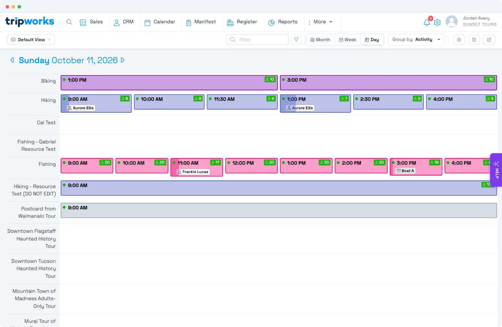 TripWorks Calendar Day view listing each activity and its timeslots for one day