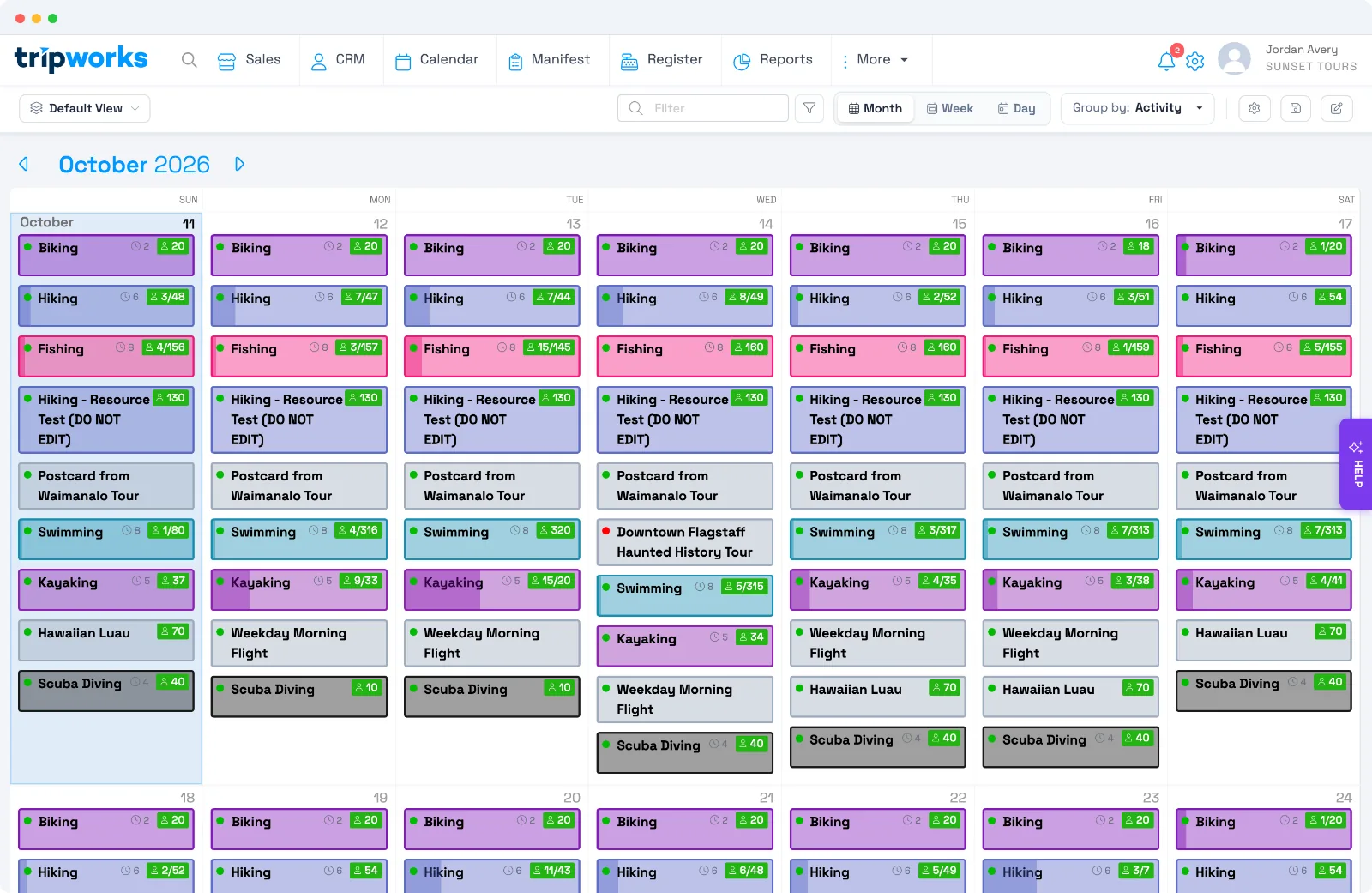 TripWorks Calendar Month view showing a whole month of activities at a glance