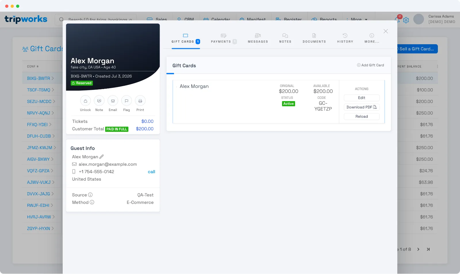 A gift card order in TripWorks, showing the buyer, a Gift Cards tab with the card's original and available balance, status, code, and Edit, Download PDF, and Reload actions