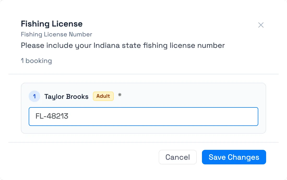 Edit a custom field answer from the TripWorks Manifest: the edit window for a Fishing License Number field