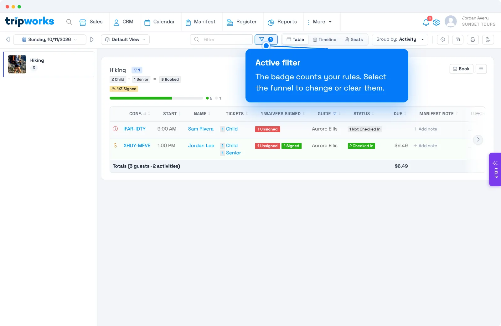 TripWorks Manifest filtered to one guide, with the filter badge showing one active rule