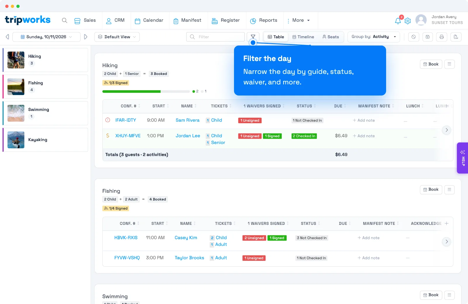 Filter the TripWorks Manifest: select the funnel icon in the toolbar to narrow the day