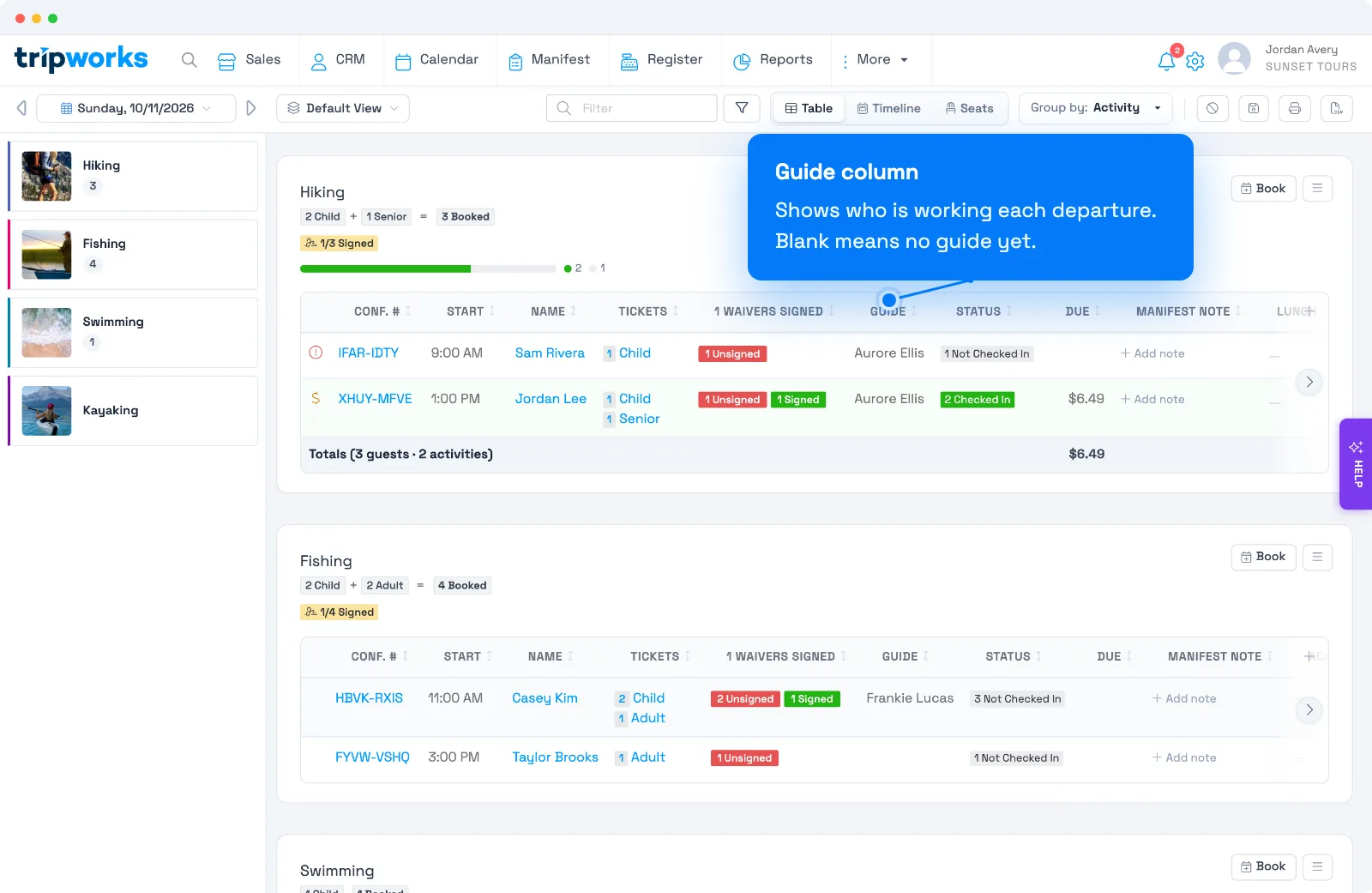Show which guide is working each departure with the Guide column on the TripWorks Manifest