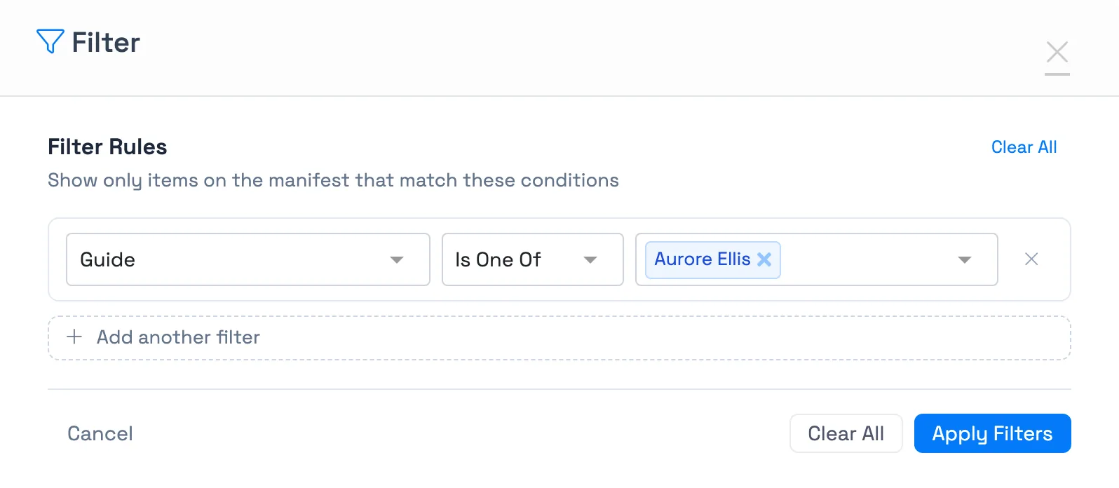 Filter the TripWorks Manifest by guide: the Filter panel with a Guide rule set to Is One Of